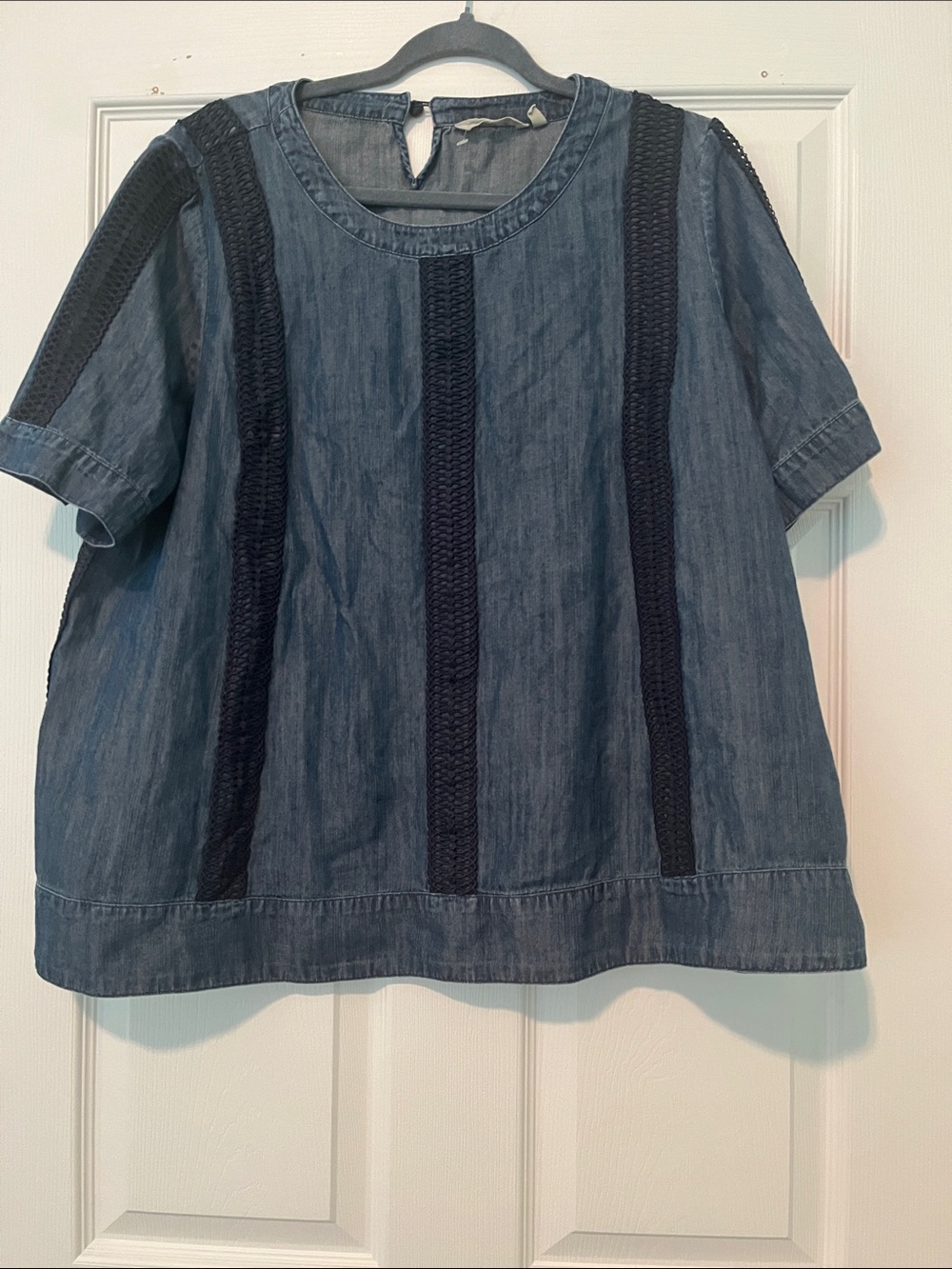 Denim Short Sleeve Top with Braided LacyTrim